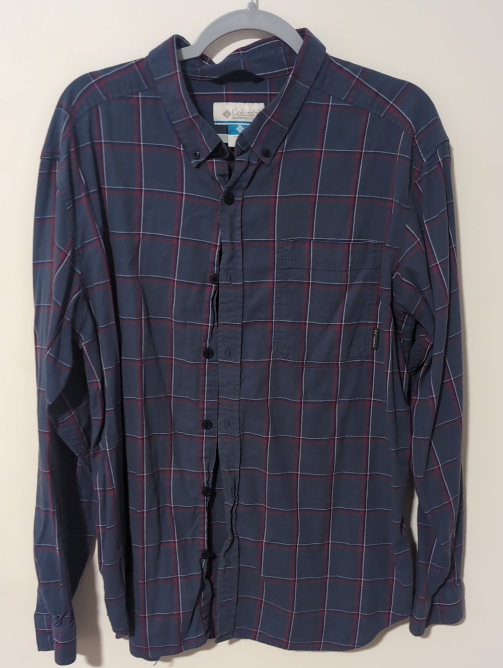 Columbia Plaid Button-Down Shirt with Red Accents